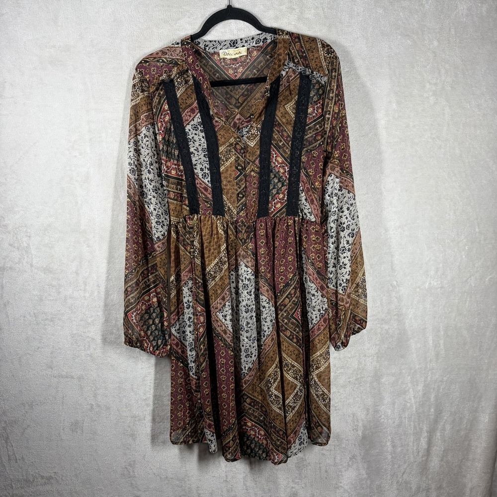 Boho Sheer Patchwork Print Tunic Dress Size M Earthy 70s Hippie Witchy Cottage